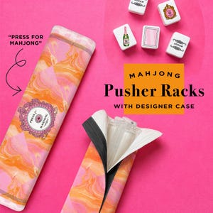 May include: Pink and orange patterned Mahjong pusher racks with a designer case. The image shows the text "PRESS FOR MAHJONG" and several Mahjong tiles. The text "MAHJONG Pusher Racks WITH DESIGNER CASE" is also visible.