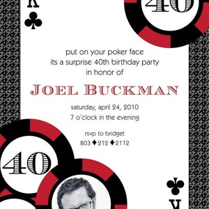 Casino Poker Chips Vegas Gambling 40th 50th Milestone Birthday - Red, Blue or Pink - Printable Customized Invitation