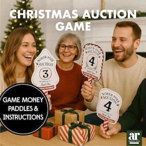 Merry Money Play Cash + Holiday Auction Paddles | Christmas Game Printable | Christmas Party Game | White Elephant Bidding | Printable Bucks