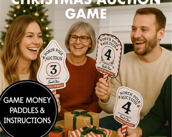 Merry Money Play Cash + Holiday Auction Paddles | Christmas Game Printable | Christmas Party Game | White Elephant Bidding | Printable Bucks