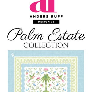 May include: A square, light blue and white patterned design with a floral and palm tree motif. The design includes the text "Palm Estate Collection" and the logo "ar Anders Ruff Design Co".