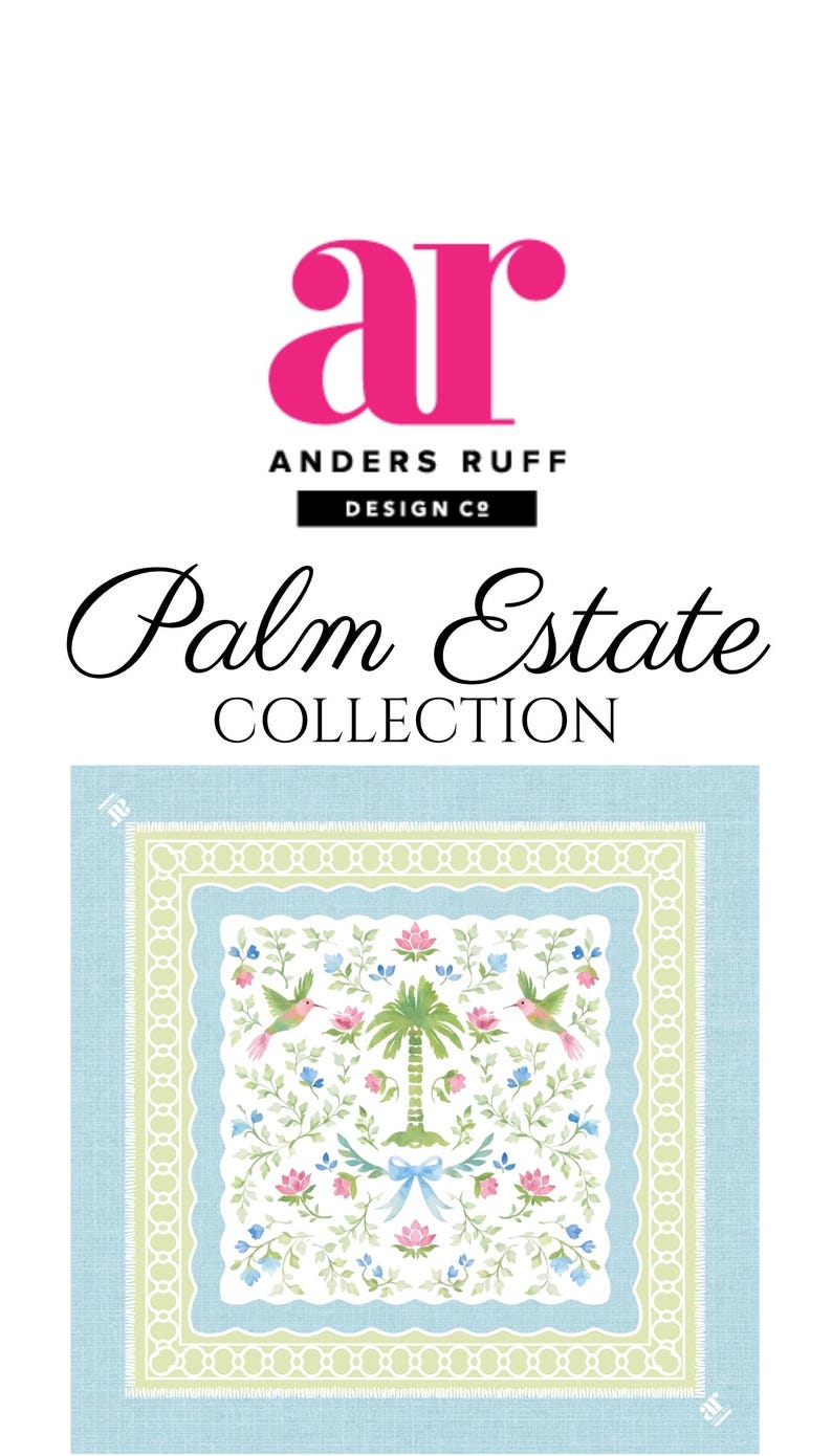 May include: A square, light blue and white patterned design with a floral and palm tree motif. The design includes the text "Palm Estate Collection" and the logo "ar Anders Ruff Design Co".