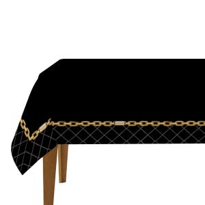 May include: Black tablecloth with a gold chain design along the edge. The tablecloth has a diamond pattern in the corner. The table legs are a light brown color.