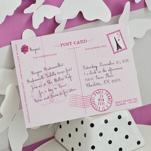Carte postale Paris Tour Eiffel parisienne voyage Timbre français France Anniversaire fille rose - Invitation personnalisée à imprimer