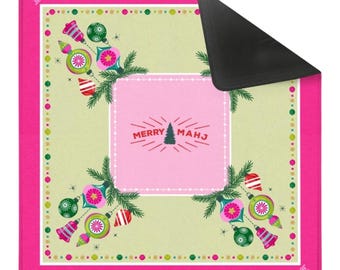 Very Merry Mahj Mahjong Mat | Pink Christmas Mahjong Decor | Retro Holiday Game Night | Festive Mahj Collection | TRAVEL SIZE [Non-Neoprene]