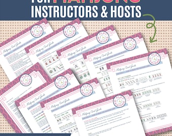 May include: A stack of nine printable Mahjong card guides. Each guide has a pink and white decorative border and the text "Mahjong Card Guide". The top of the image reads "For Mahjong Instructors & Hosts".