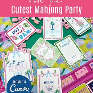 May include: A collection of Mahjong party supplies, including invitation cards, scorecards, and game tiles. The cards feature floral and palm tree designs with text like "Host the Cutest Mahjong Party" and "Let's Mahjong." The color scheme includes pink, green, and blue.