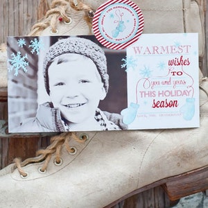 Warmste wensen wanten en sneeuwvlokken kerstfoto kerstkaart - afdrukbare aangepaste kaart van 4 x 8