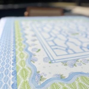 May include: Close-up of a patterned tablecloth with a blue and green design. The tablecloth features a repeating pattern of blue and white geometric shapes, green fern-like leaves, and blue scalloped edges. Hydrangea flowers are also visible.