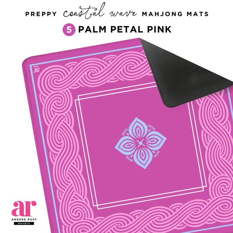 May include: A Palm Petal Pink Mahjong mat with a coastal wave design. The mat features a central square with a light blue floral design and a white border. The edges have a repeating wave pattern in pink and light blue. The text "PREPPY coastal wave MAHJONG MATS" is at the top.