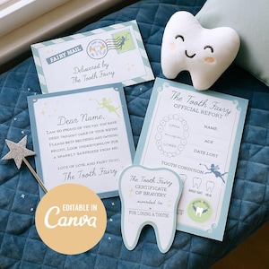 May include: A collection of Tooth Fairy themed items, including a plush tooth, a letter, an official report, and a certificate. The items are in shades of blue and white, with fairy illustrations and the text "The Tooth Fairy".