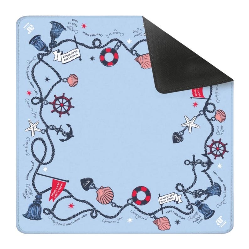 May include: A light blue square mat with a black underside, featuring a nautical-themed border of dark blue ropes, red and white life buoys, pink seashells, anchors, ship wheels, and white stars, with text including "WALLS LEFT PLAY RIGHT".