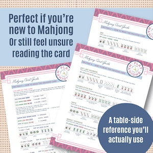 May include: A guide for reading Mahjong cards, featuring detailed examples and color-coded sections. The guide includes text such as "Colors on the Card" and "Consecutive Run". The text is on white paper with pink and blue accents.