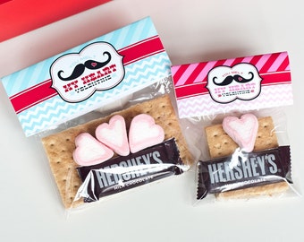 Op de afbeelding: Twee doorzichtige plastic zakjes gevuld met ingrediënten voor s'mores. De zakjes zijn versierd met rood-wit gestreept papier met de tekst "You melt my heart" en een zwarte snor. Eén zakje bevat drie roze hartvormige marshmallows en een Hershey's chocolade reep. Het andere zakje bevat één roze hartvormige marshmallow en een Hershey's chocolade reep.