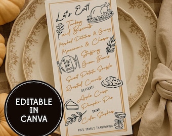 May include: Thanksgiving menu card with the text "Let's Eat!" and a list of dishes, including turkey, mashed potatoes, and pumpkin pie. The card is on a decorative plate, with pumpkins in the background. The text "Editable in Canva" is also present.