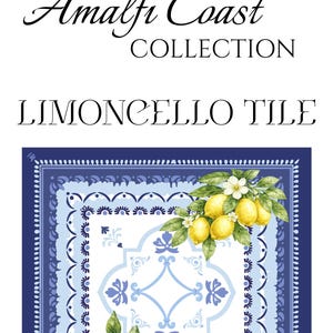 K&ouml;nnte beinhalten: Quadratische Fliese mit blau-wei&szlig;em Muster, mit Zitronen und dem Text "Amalfi Coast Collection LIMONCELLO TILE". Die Fliese hat einen dekorativen Rand und florale Akzente, die ein mediterranes Thema hervorrufen.