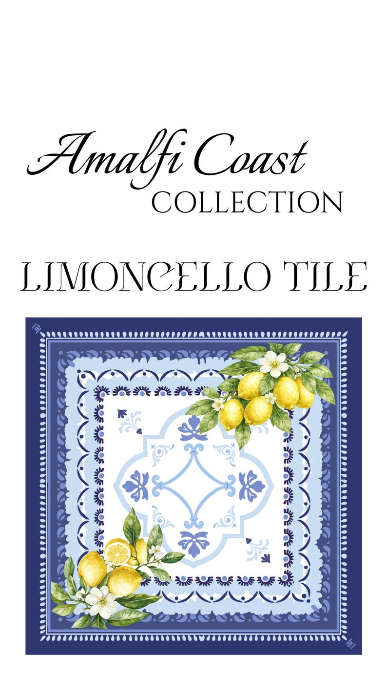 K&ouml;nnte beinhalten: Quadratische Fliese mit blau-wei&szlig;em Muster, mit Zitronen und dem Text "Amalfi Coast Collection LIMONCELLO TILE". Die Fliese hat einen dekorativen Rand und florale Akzente, die ein mediterranes Thema hervorrufen.