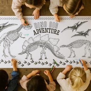 May include: A large white paper roll with a black and white dinosaur skeleton illustration and the text "Dino Dig Adventure". Children are coloring the illustration with crayons. The image shows a top-down view of the activity.