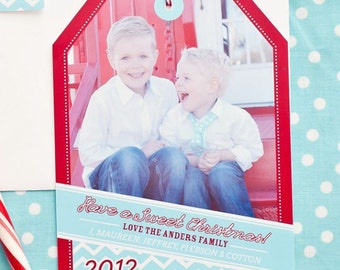 Aqua and Red Chevron Holiday Christmas Photo Hangtag - Printable Customized Card