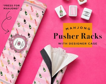 Mahjong Rack Set with Pushers and Case – Bams & Bubbly Champagne Print, Push for Mahj Design, Pink Mahjong Accessories Gift Set