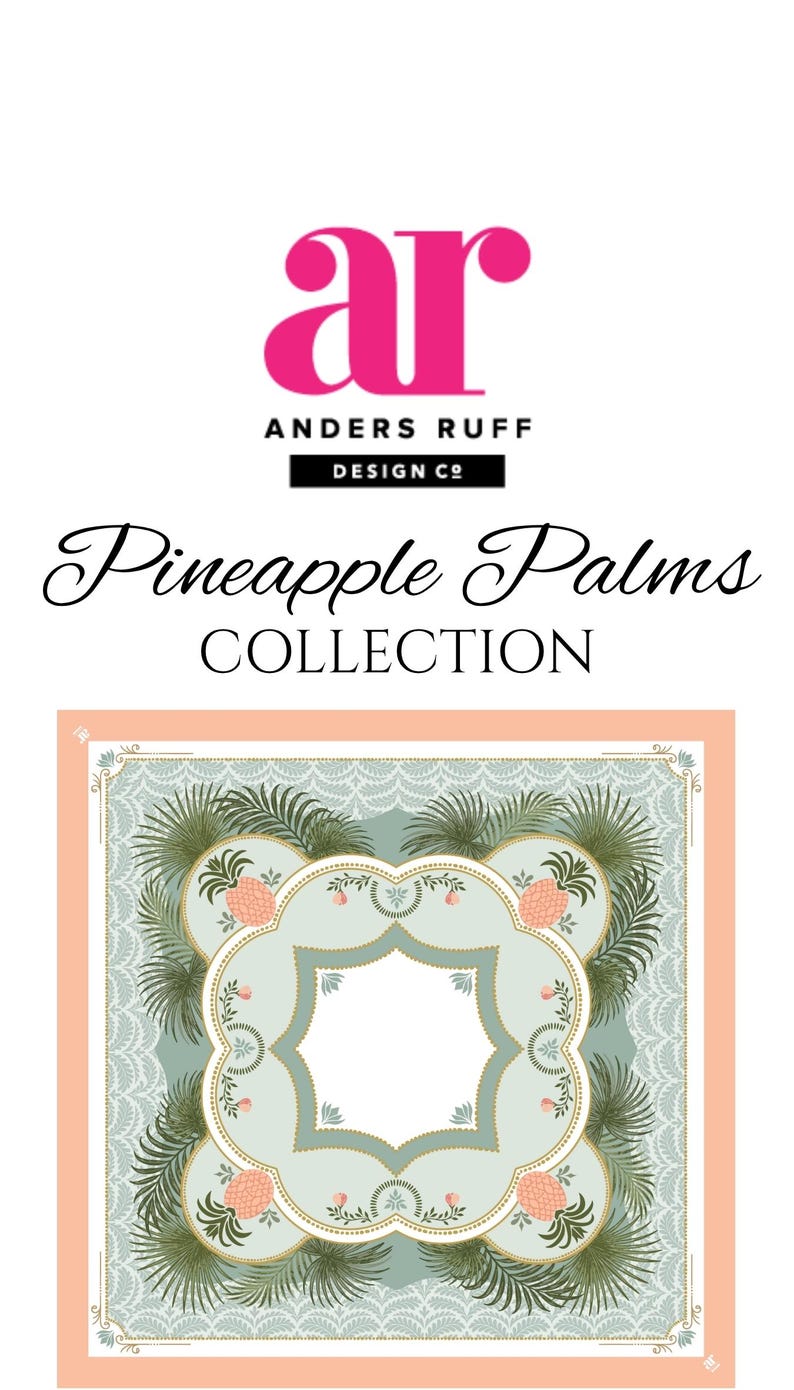 May include: The image features a square design with a light blue and peach color scheme. The design includes a central floral pattern, pineapples, and palm fronds. The text "Pineapple Palms COLLECTION" is displayed in elegant script.