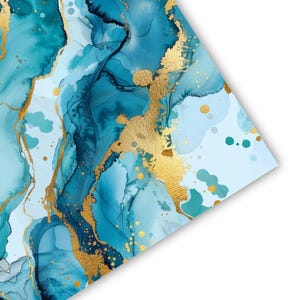 May include: A rectangular print featuring an abstract alcohol ink design with flowing layers of teal, turquoise, and light blue. The composition is accented by textured, metallic gold veins and scattered gold splatters across the surface.