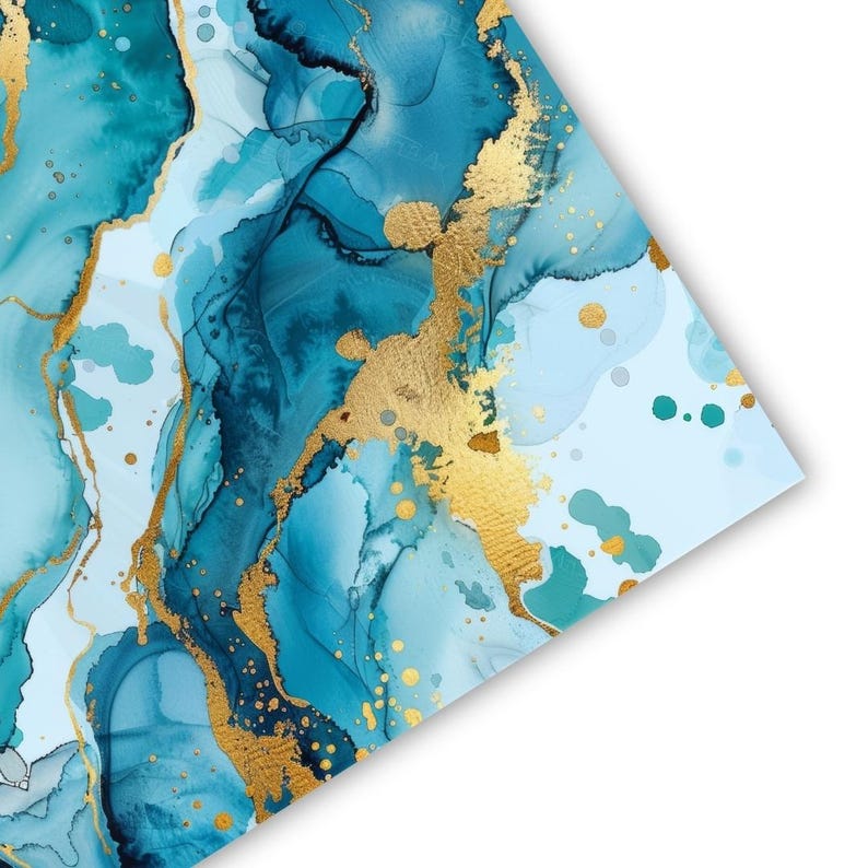 May include: A rectangular print featuring an abstract alcohol ink design with flowing layers of teal, turquoise, and light blue. The composition is accented by textured, metallic gold veins and scattered gold splatters across the surface.
