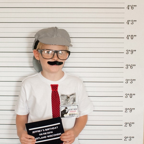 Detective Sleuth Mystery Birthday Mug Shot Backdrop Printable Mugshot Height Chart Backdrop and Sign Prop - Printable Customized Photo Booth