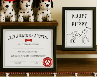 Adopt a Puppy Sign and Certificate - Firetruck and Dalmatian Fire man Birthday Party- EDITABLE Printable Canva Design INSTANT DOWNLOAD