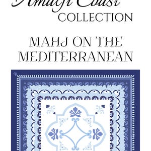 May include: A square, patterned design in shades of blue and white, with the text "Amalfi Coast COLLECTION" and "MAHJ ON THE MEDITERRANEAN". The design features floral and geometric elements.