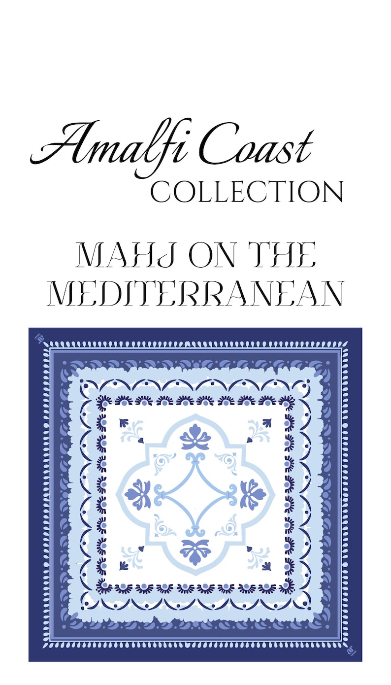 May include: A square, patterned design in shades of blue and white, with the text "Amalfi Coast COLLECTION" and "MAHJ ON THE MEDITERRANEAN". The design features floral and geometric elements.