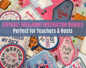 May include: A collection of Mahjong-themed items, including orange tiles, stickers, and cards. The stickers feature various designs and text, such as "Table One," "Mahj Club," and "Jokers welcome." The image also includes the text "Editable Mahjong Instructor Bundle" and "Instant Download."