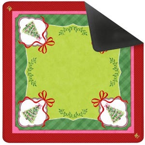 May include: A festive Christmas-themed mat with a red border and a green center. The mat features a repeating pattern of Christmas trees in ornate frames, accented with red bows and decorative green foliage. The mat's design is perfect for the holiday season.