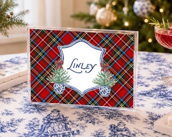 Editable Christmas Mahjong Card Cover Template | Tartan and Topiaries Personalized Mahj League Name Tag Card Cover | Holiday Canva Template