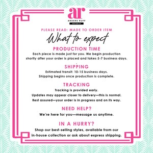 May include: A pink and white framed graphic with the text "What to expect" and information about production time, shipping, and tracking. The Anders Ruff Design Co. logo is at the top.
