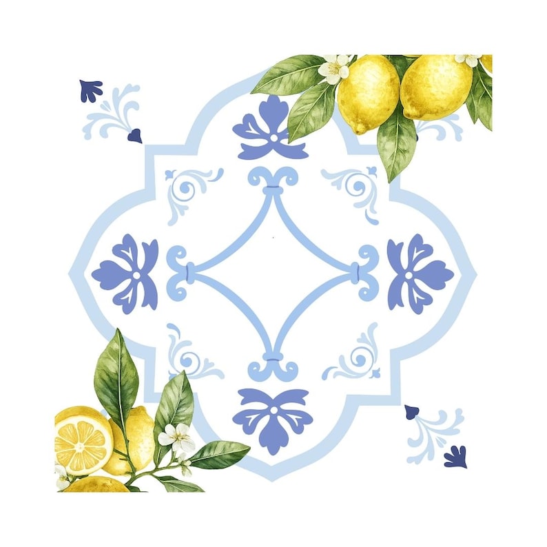 K&ouml;nnte beinhalten: Ein dekoratives Fliesenmuster mit wei&szlig;em Hintergrund und einem hellblauen geometrischen Muster. Das Design wird durch Aquarellillustrationen von Zitronen, gr&uuml;nen Bl&auml;ttern und wei&szlig;en Bl&uuml;ten akzentuiert, was eine frische, sommerliche &Auml;sthetik erzeugt.