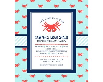 May include: A blue and white striped banner with the text "Sawyer's Crab Shack 1st Birthday Party" in white. The banner is surrounded by a blue frame and a pattern of red crabs on a light blue background. The text below the banner includes the date, time, location, and RSVP information.