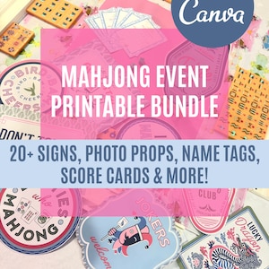 パームビーチ麻雀パーティー 印刷可能なバンドル 編集可能なCanva | 麻雀ナイトデコレーションキット | ホステスゲームセット サイン スコアカード ネームタグ 写真小道具