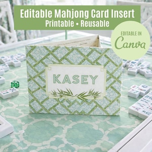 May include: A green and white patterned Mahjong card insert with the name "Kasey" in the center. The insert is surrounded by Mahjong tiles and dice on a light green surface. Text on the insert reads "Editable Mahjong Card Insert Printable • Reusable".