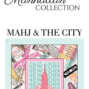 May include: A square scarf with a Manhattan theme. The design includes a pink airplane, the Empire State Building, a yellow taxi, and the words "New York" in a repeating pattern. The text "MAHJ & THE CITY" is above the design.