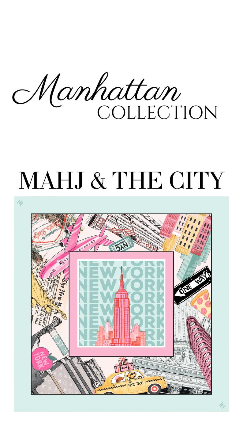May include: A square scarf with a Manhattan theme. The design includes a pink airplane, the Empire State Building, a yellow taxi, and the words "New York" in a repeating pattern. The text "MAHJ & THE CITY" is above the design.