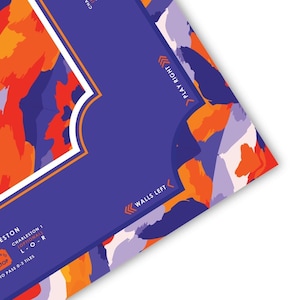 May include: A colorful abstract game board with a blue border and orange, purple, and white shapes. The text "WALLS LEFT" and "PLAY RIGHT" are visible, along with "CHARLESTON 1 (OPTIONAL) L-O-R" and "TO PASS 0-3 TILES".