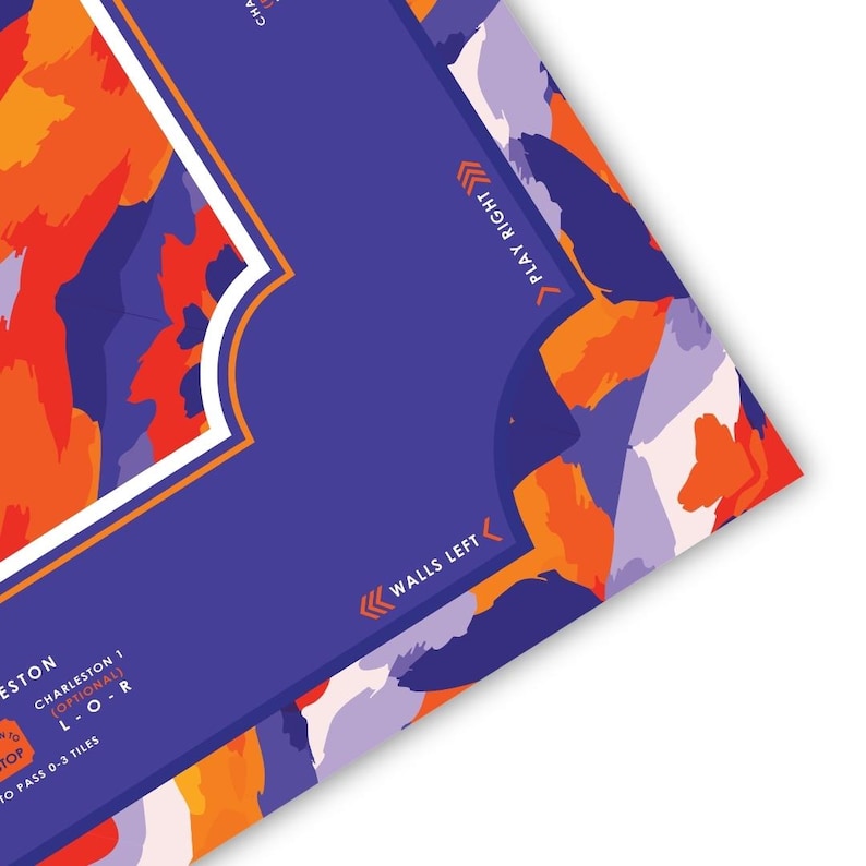 May include: A colorful abstract game board with a blue border and orange, purple, and white shapes. The text "WALLS LEFT" and "PLAY RIGHT" are visible, along with "CHARLESTON 1 (OPTIONAL) L-O-R" and "TO PASS 0-3 TILES".