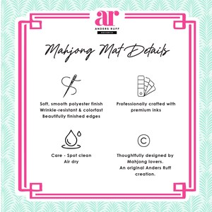 May include: A square graphic with a pink border and text that reads "Mahjong Mat Details." The text describes the mat's features: soft polyester finish, wrinkle-resistant, colorfast, and beautifully finished edges. It also mentions spot cleaning and air drying.