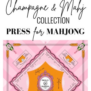 Pu&ograve; includere: Design di gioco del Mahjong rosa e arancione con illustrazioni di bottiglie di champagne. Il testo recita "Champagne & Mahj Collection" e "Press for Mahjong". Il design include il logo Anders Ruff.