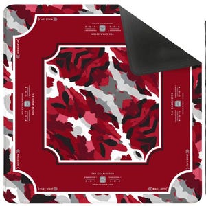 May include: A square game mat featuring a red, black, and white camouflage pattern in the center. The border is solid red with white text and directional arrows. The text reads The Charleston, Charleston 1, R-O-L, L-O-R, Play Right, and Walls Left.