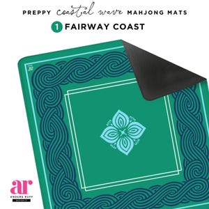 May include: Green Mahjong mat with a coastal wave design. The mat features a central square with a floral design and a border of intertwined blue waves. The text "Fairway Coast" is visible.