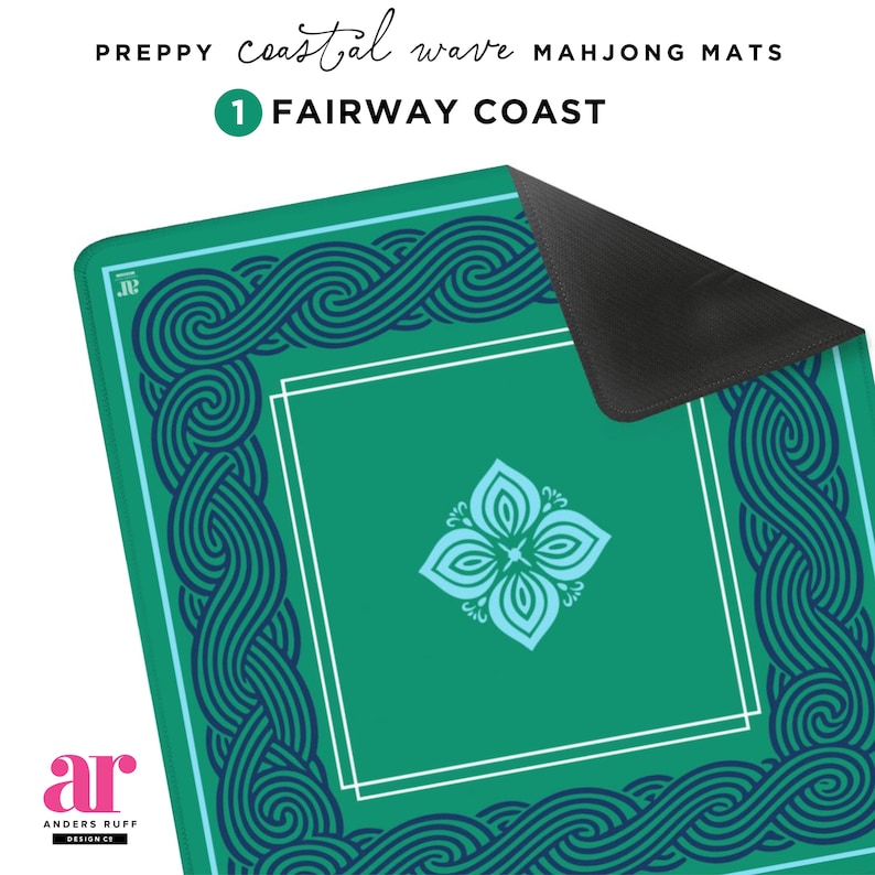 May include: Green Mahjong mat with a coastal wave design. The mat features a central square with a floral design and a border of intertwined blue waves. The text "Fairway Coast" is visible.