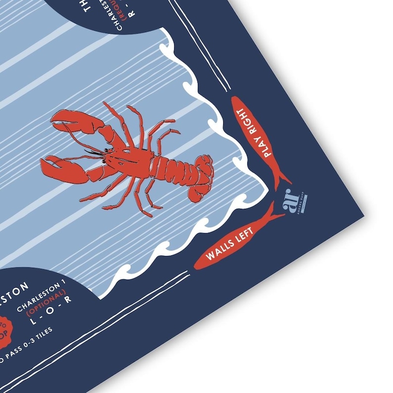 May include: A nautical-themed print featuring a red lobster illustration on a light blue background with diagonal stripes. The print includes text that reads "PLAY RIGHT" and "WALLS LEFT" with a dark blue border.