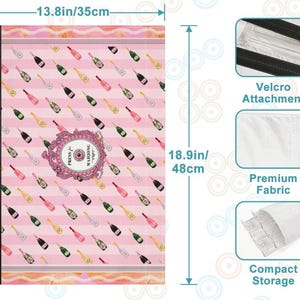 May include: Pink Mahjong game mat with a champagne bottle pattern, measuring 13.8 inches by 18.9 inches. Features a black spine and the text "Press for Mahjong" in a decorative frame. Includes Velcro attachment, premium fabric, and compact storage.
